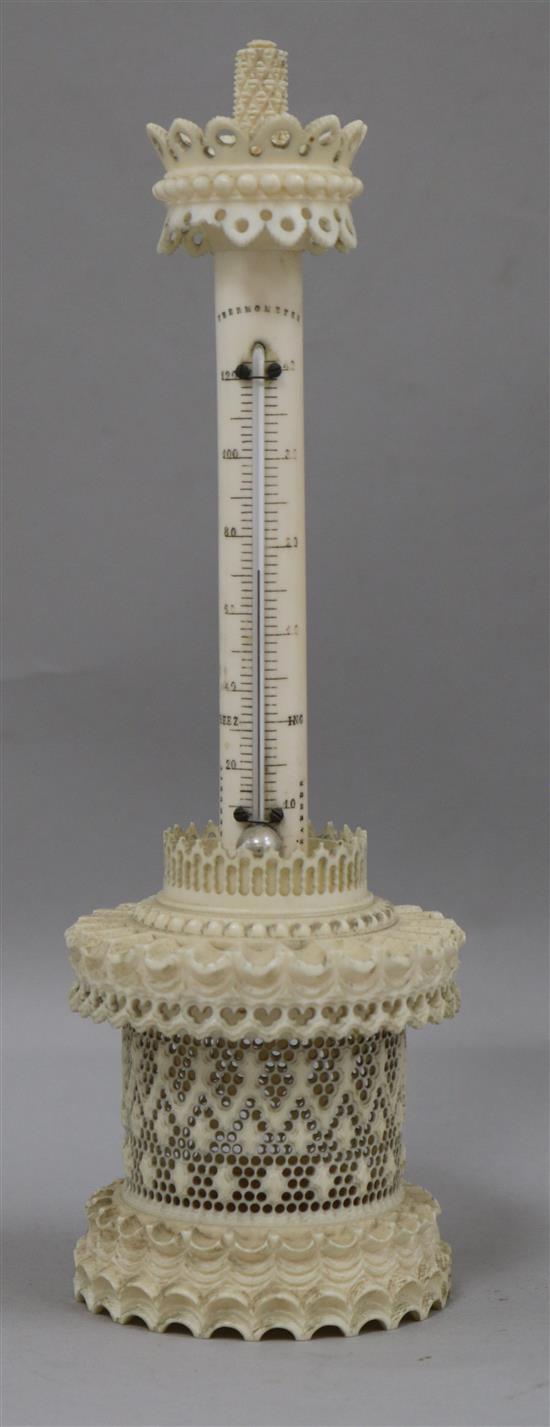 An Indian carved and pierced ivory thermometer stand (a.f)